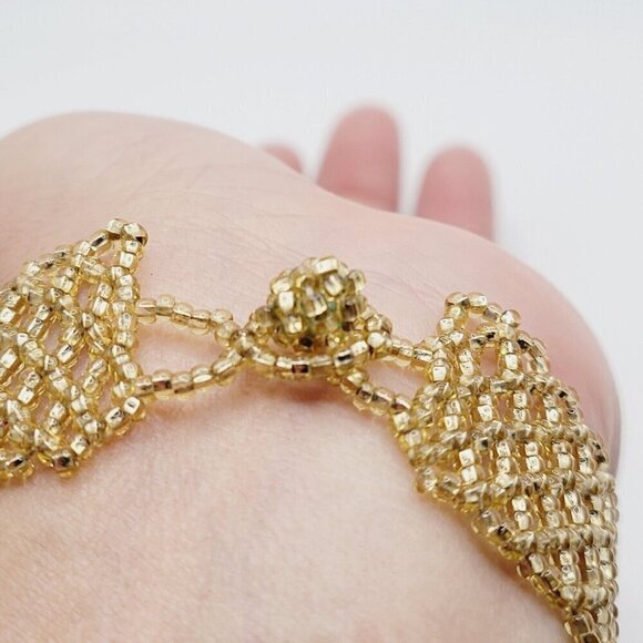 Artisan Hand Beaded Netted Bracelet With Flower Focal Silver Lined Gold Beads - Picture 5 of 6